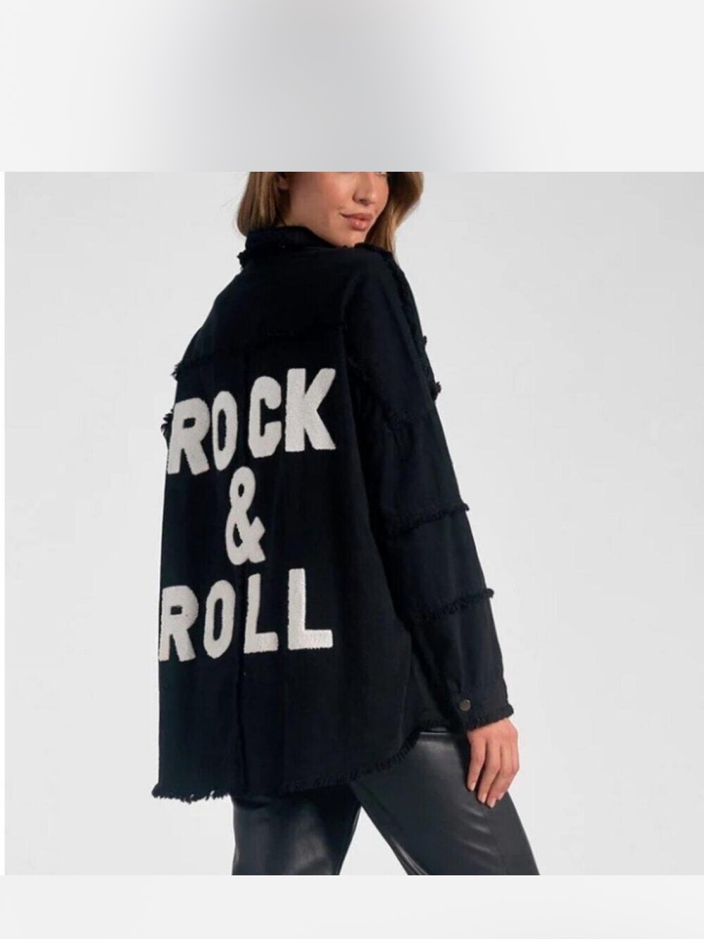Elle Black Jacket with White 'Rock & Roll' Graphic